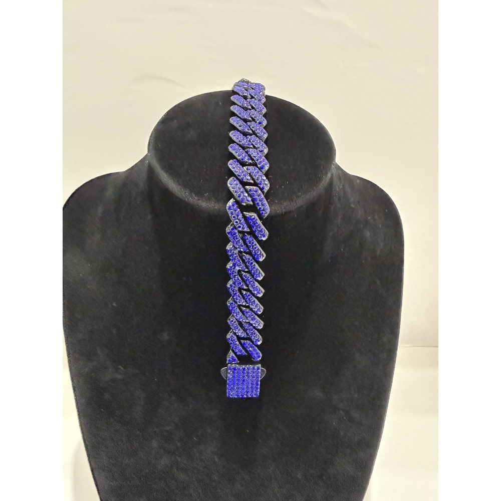 iced out blue on blk cuban bracelet vvscz stones 7 inch 14mm push lock stainless